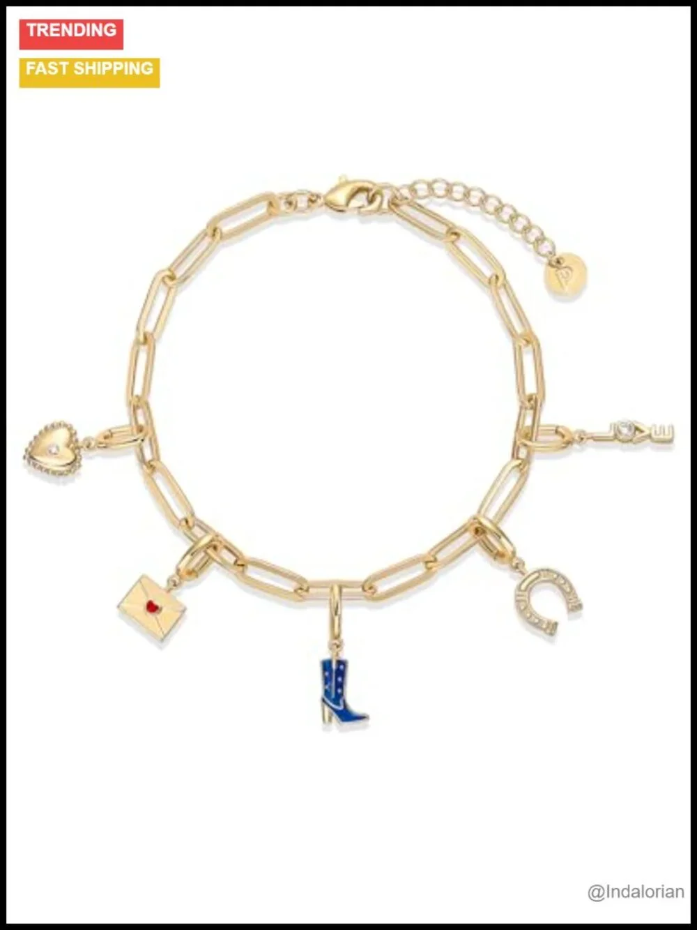 14K Gold Plated Charm Bracelet Removable Cowboy Boot Love Heart Horseshoe